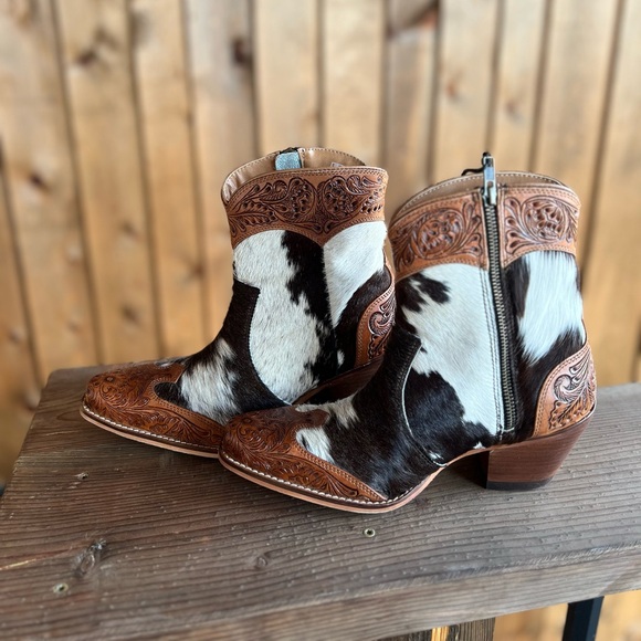 💯Hand Tooled Leather Genuine Cowhide Women Bootie Boot Boho Western Shoe ankle - Picture 11 of 16